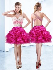 Fuchsia One Shoulder Neckline Beading and Ruffles and Pick Ups Party Dresses Sleeveless Criss Cross