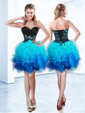 Top Selling Blue Organza Lace Up Sweetheart Sleeveless Mini Length Custom Made Ruffles