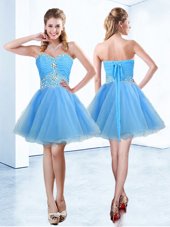 Blue Sleeveless Beading and Ruching Mini Length Party Dresses