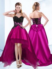 Edgy High Low Lace Up Dress for Prom Fuchsia and In for Prom and Party with Appliques