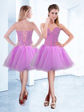 Customized Beading Cocktail Dress Lilac Lace Up Sleeveless Knee Length