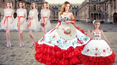 Floor Length White And Red 15 Quinceanera Dress Sweetheart Sleeveless Lace Up
