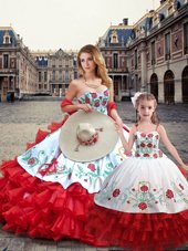 Ideal White And Red Ball Gowns Organza and Taffeta Sweetheart Sleeveless Embroidery Floor Length Lace Up Quinceanera Gowns