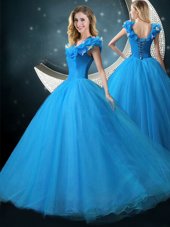 Floor Length Ball Gowns Cap Sleeves Blue 15th Birthday Dress Lace Up