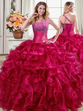 Inexpensive Fuchsia Ball Gowns Organza One Shoulder Sleeveless Beading and Ruffles Floor Length Lace Up Sweet 16 Quinceanera Dress