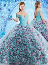 Off The Shoulder Sleeveless Court Train Backless 15 Quinceanera Dress Multi-color Fabric With Rolling Flowers