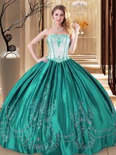 Floor Length Turquoise Sweet 16 Quinceanera Dress Taffeta Sleeveless Embroidery