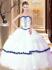 Red Tulle Lace Up Strapless Sleeveless Floor Length 15 Quinceanera Dress Embroidery