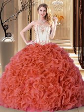 Rust Red Sleeveless Floor Length Embroidery and Ruffles Lace Up Sweet 16 Dresses