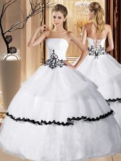 Stunning Organza Strapless Sleeveless Lace Up Appliques and Ruffled Layers 15 Quinceanera Dress in White