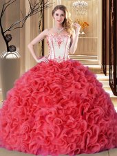 Coral Red Lace Up Quinceanera Dress Embroidery and Ruffles Sleeveless Floor Length