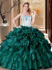 Eye-catching Floor Length Lace Up Ball Gown Prom Dress Turquoise and In for Military Ball and Sweet 16 and Quinceanera with Ruffles and Ruffled Layers