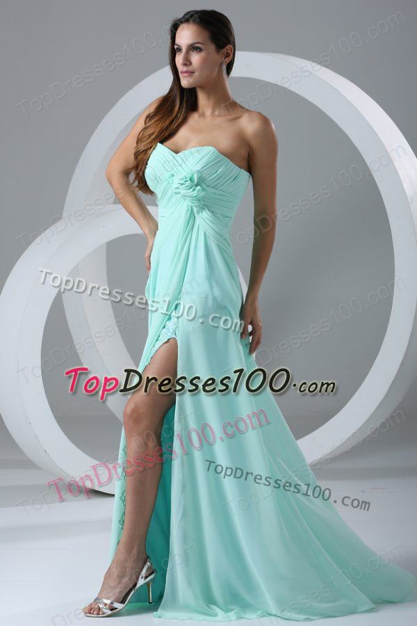 Aqua Blue High Slit Sexy Prom Dress with Flowers and Ruching - US$156.78